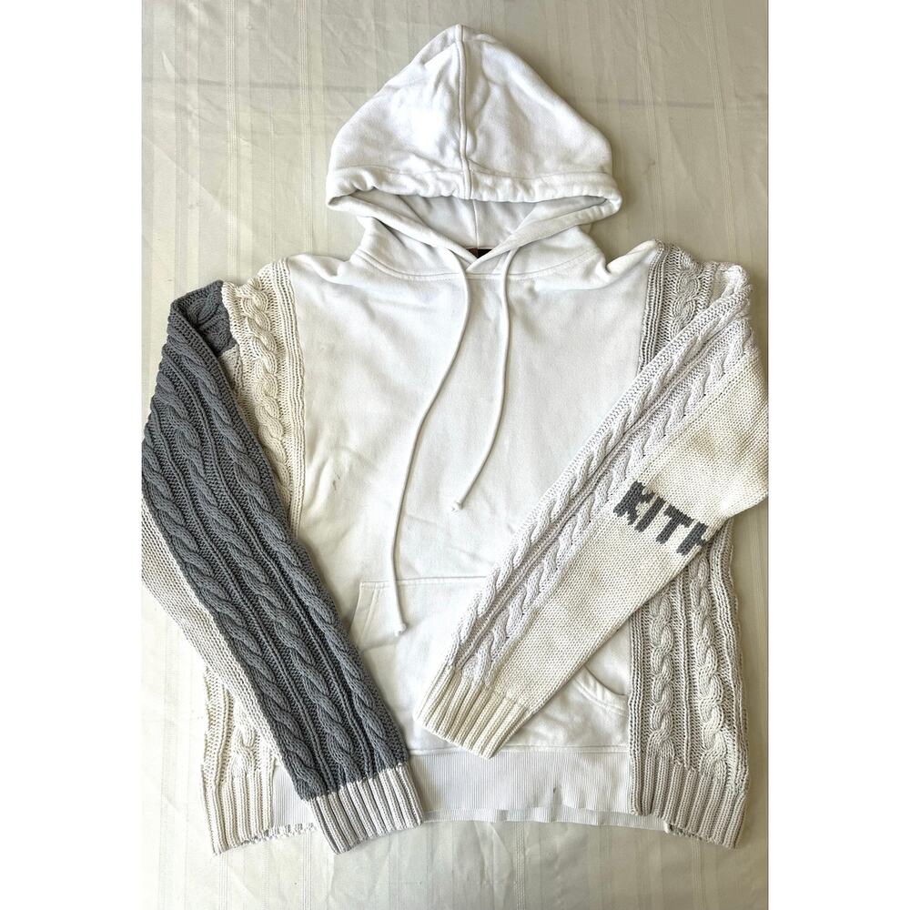 Kith Adam Combo Knit Hoodie White Grey Cable Colorblock Fleece Sweatshirt M